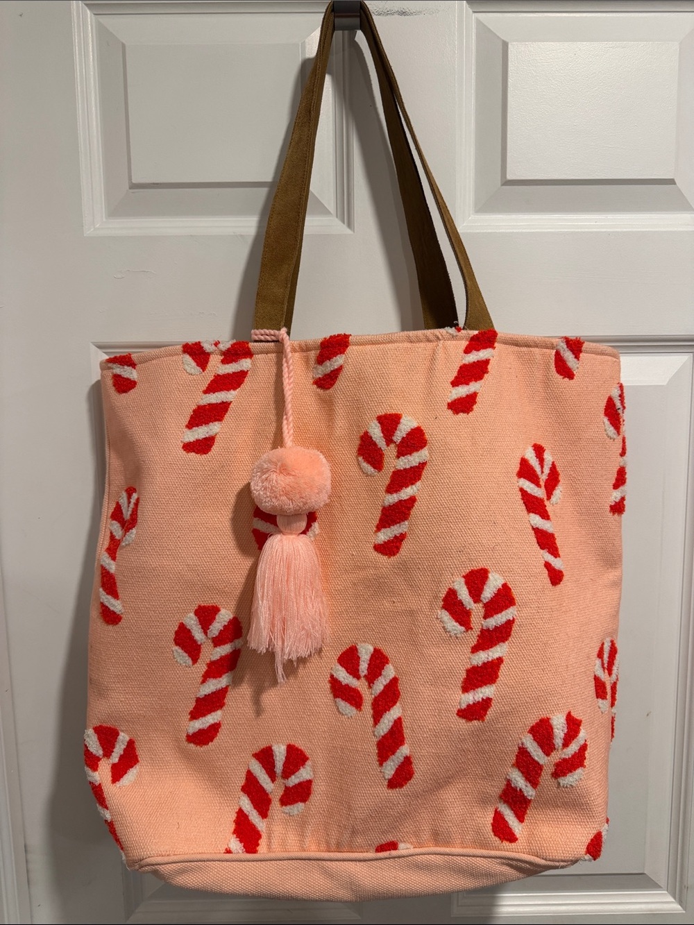 Peach Candy Cane Pattern Tote Bag with Tassel